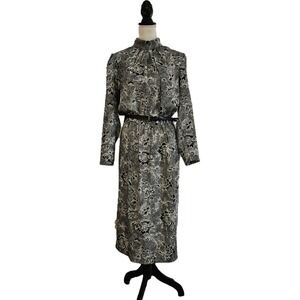 Vintage 80s Floral Mock Neck Belted Midi Dress Size 10 Whimsigoth Witchy Office